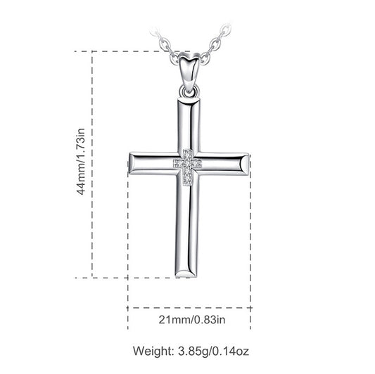 Sterling Silver Cross Necklace with Cubic Zirconia, Rhodium Plated
