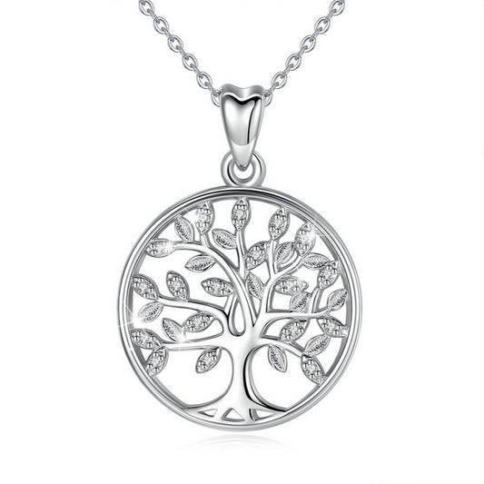 Sterling Silver Tree of Life Necklace with Cubic Zirconia, Rhodium Plated