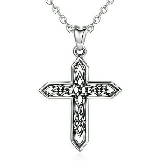 Cross Necklace in Sterling Silver with Vintage Oxidised, Rhodium Plated