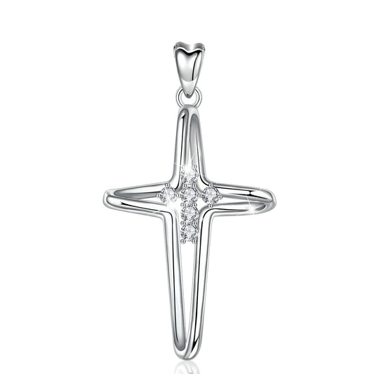 Sterling Silver Cross Necklace with Cubic Zirconia, Rhodium Plated