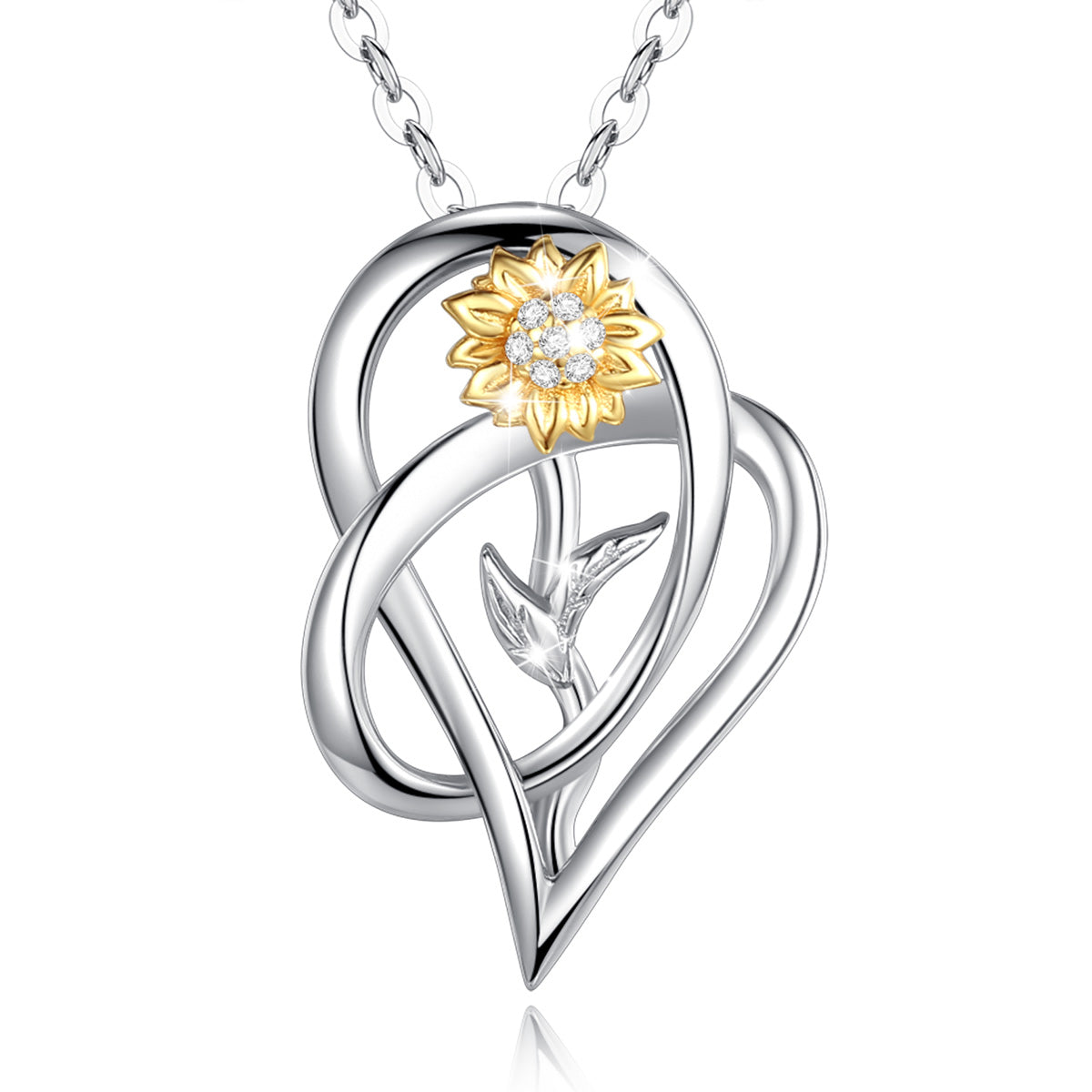 Sterling Silver Heart and Sunflower Necklace with Cubic Zirconia, Gold and Rhodium Plated